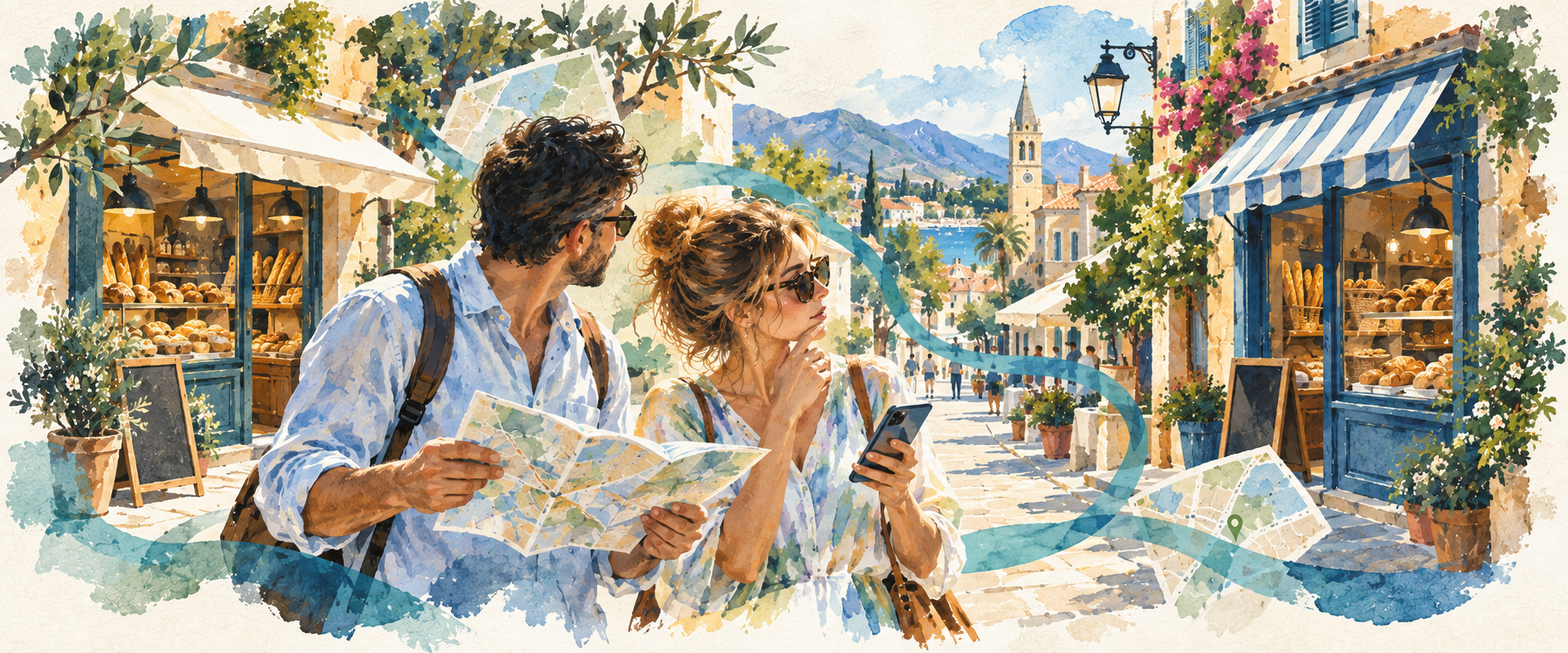 A couple pauses among similar shopfronts, comparing a phone and a paper map while scattered directions leave them unsure which bakery they passed