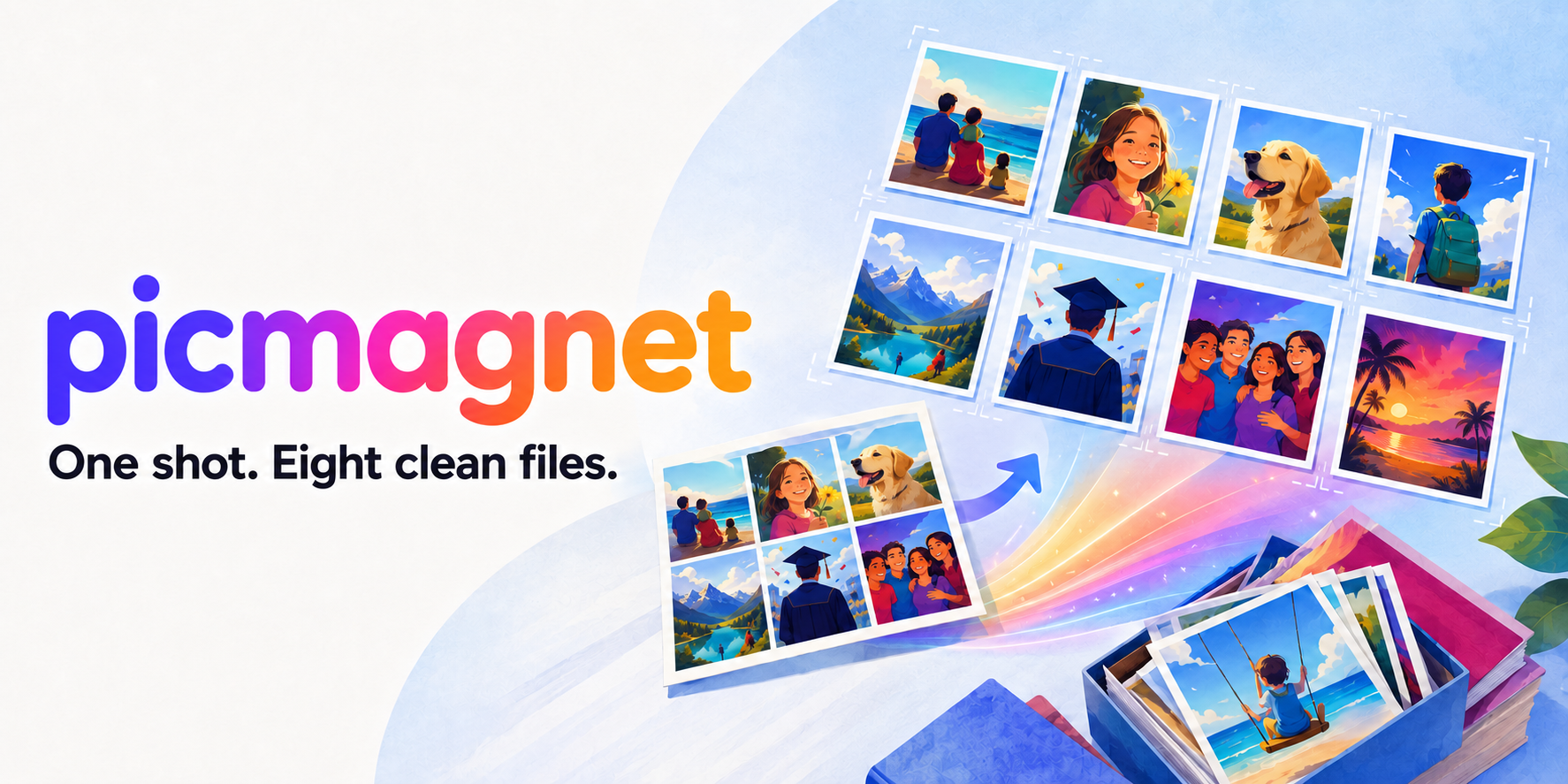 Printed family photos becoming clean, organized files on a Mac