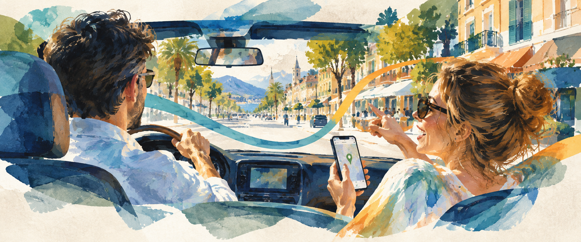A passenger notices a place along a sunlit coastal street
